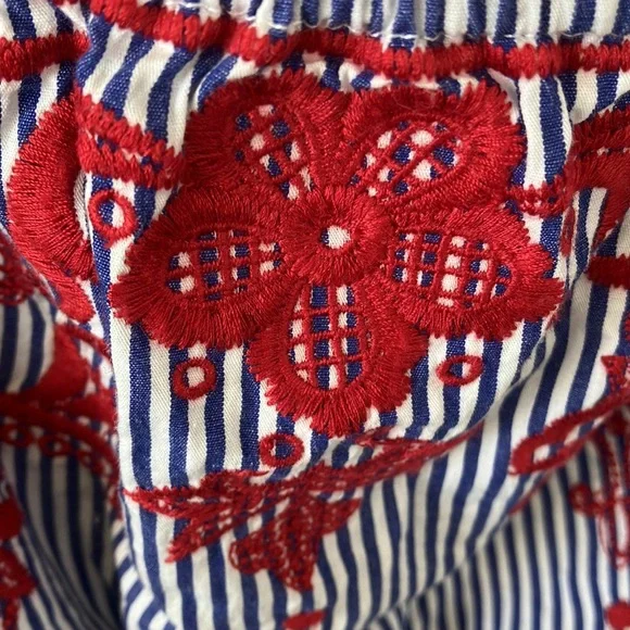 Miami Blue & White Stripe Mini Dress W/ Red Embroidery On/Off Shoulder SzS- EUC - Picture 4 of 6